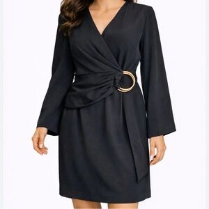 Alex Marie Jolie Wrap Dress In Black With Gold Detail Size 18W Flare Sleeve